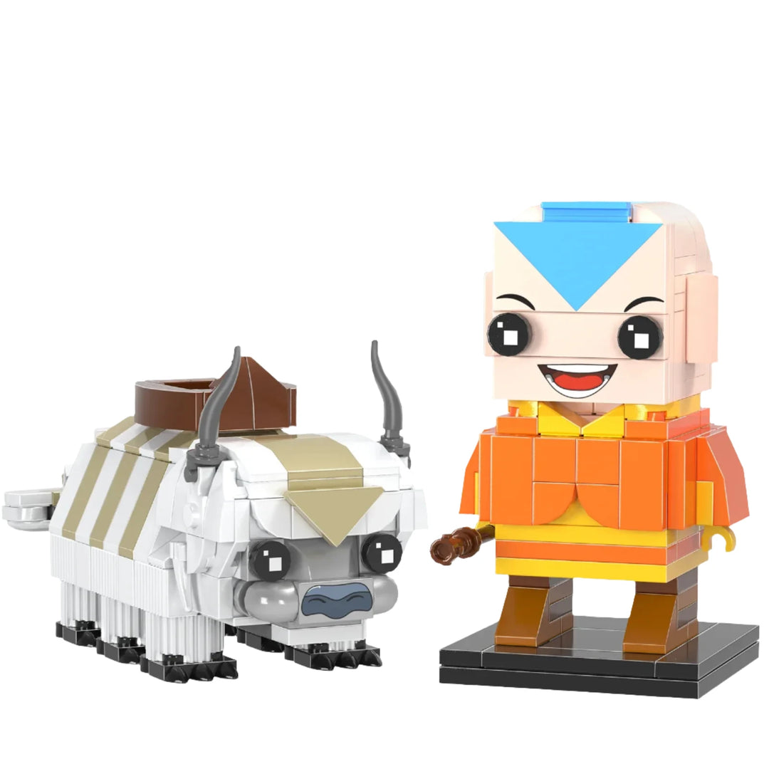 Avatar Aang Building Block Model featuring a cheerful Aang with vibrant colors, standing on a black base, surrounded by a colorful background depicting elements of water and fire. Perfect for Avatar: The Last Airbender fans and building block enthusiasts.