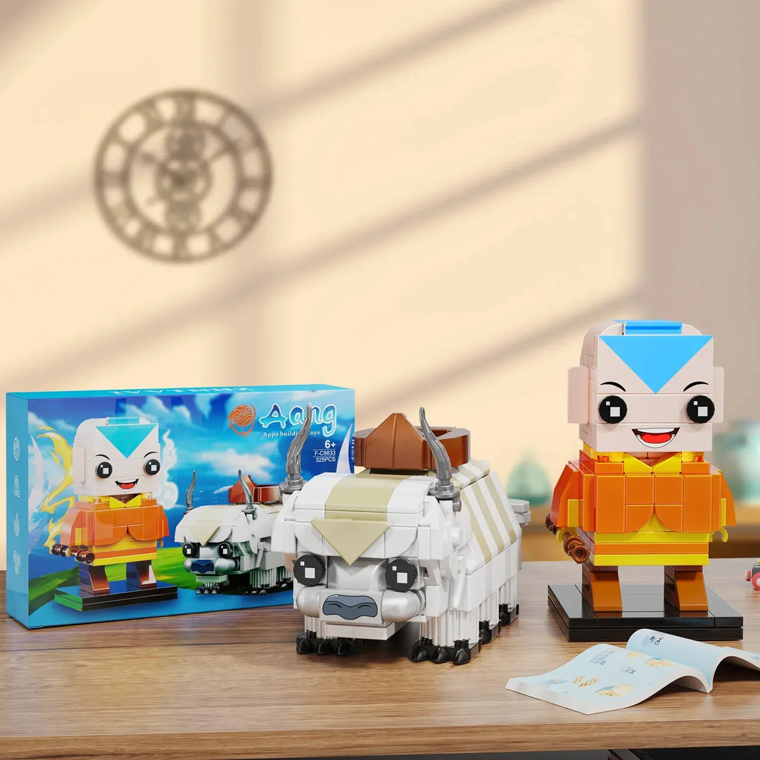 Avatar Aang Building Block Model featuring a cheerful Aang with vibrant colors, standing on a black base, surrounded by a colorful background depicting elements of water and fire. Perfect for Avatar: The Last Airbender fans and building block enthusiasts