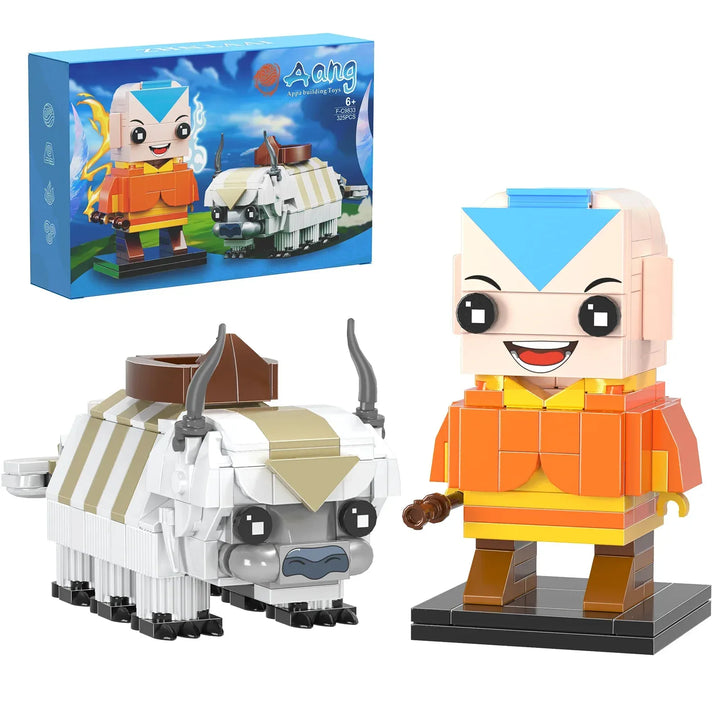 Avatar Aang Building Block Model featuring a cheerful Aang with vibrant colors, standing on a black base, surrounded by a colorful background depicting elements of water and fire. Perfect for Avatar: The Last Airbender fans and building block enthusiasts