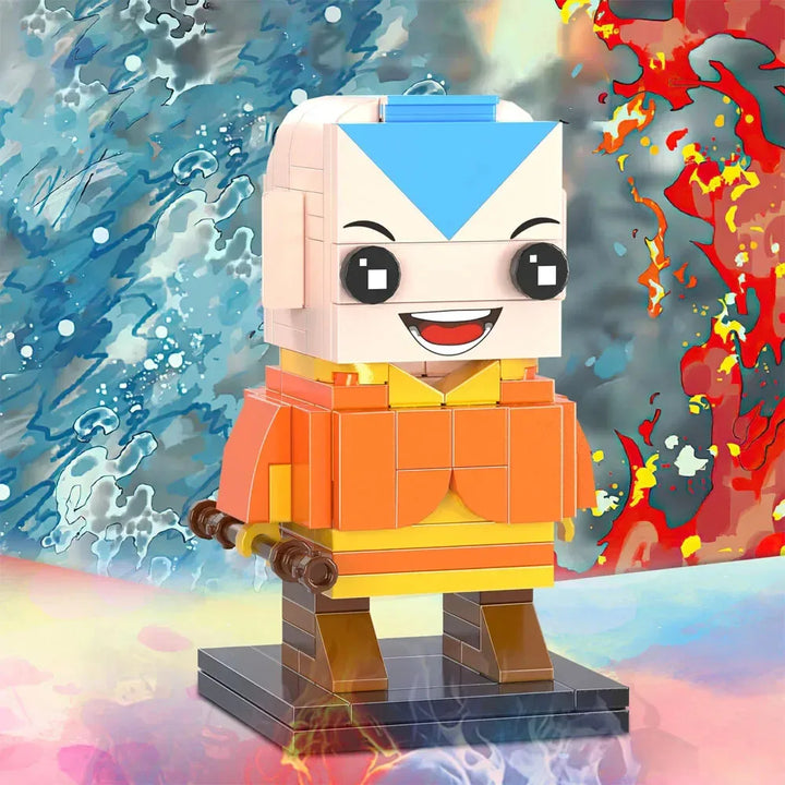 Avatar Aang Building Block Model featuring a cheerful Aang with vibrant colors, standing on a black base, surrounded by a colorful background depicting elements of water and fire. Perfect for Avatar: The Last Airbender fans and building block enthusiasts