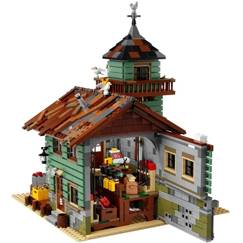 Fisherman Old Fishing House Store Model Building Blocks featuring a detailed rustic fishing house with nautical decor, perfect for kids, model enthusiasts, and collectors.