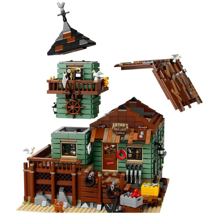 Fisherman Old Fishing House Store Model Building Blocks featuring a detailed rustic fishing house with nautical decor, perfect for kids, model enthusiasts, and collectors.