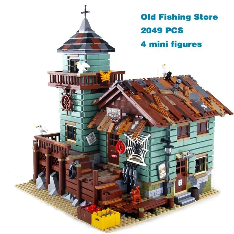 Fisherman Old Fishing House Store Model Building Blocks featuring a detailed rustic fishing house with nautical decor, perfect for kids, model enthusiasts, and collectors.