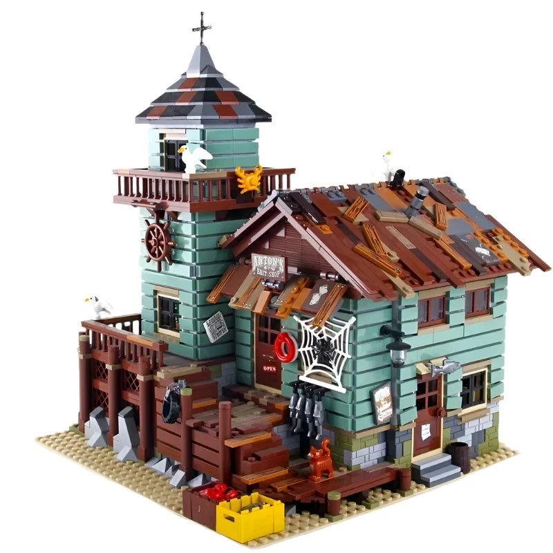 Fisherman Old Fishing House Store Model Building Blocks featuring a detailed rustic fishing house with nautical decor, perfect for kids, model enthusiasts, and collectors.