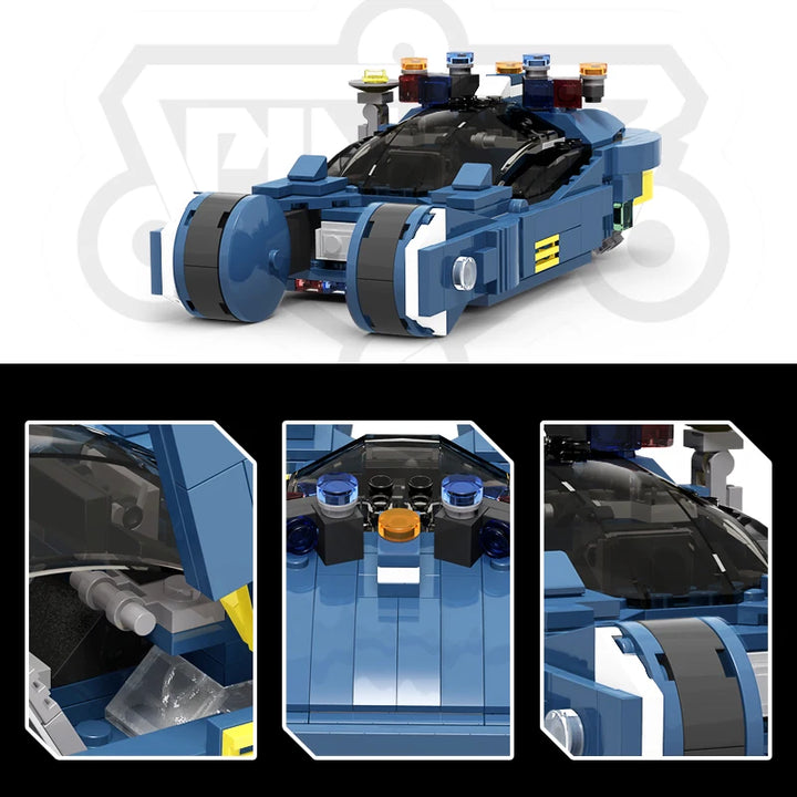 Futuristic Space Police Car Building Blocks featuring a sleek design, transparent canopy, and advanced technology details