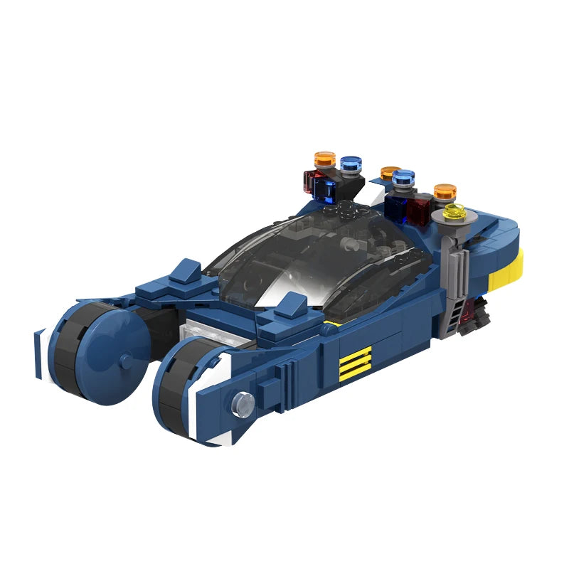 Futuristic Space Police Car Building Blocks featuring a sleek design, transparent canopy, and advanced technology details