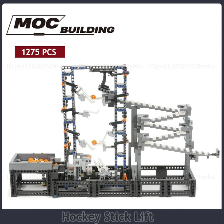 GBC Module MOC Building Blocks Hockey Stick Lift featuring a unique ball-lifting mechanism designed with motor technology, perfect for creative builders and STEM enthusiasts.