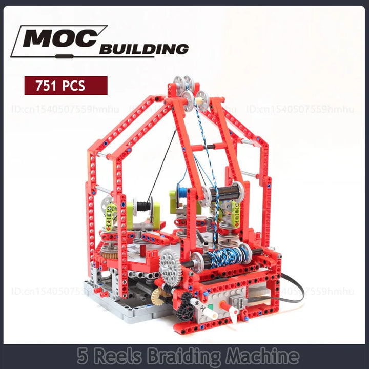 GBC 5 Reels Braiding Machine MOC Building Blocks featuring a functional braiding mechanism, ideal for technology enthusiasts and puzzle collectors.
