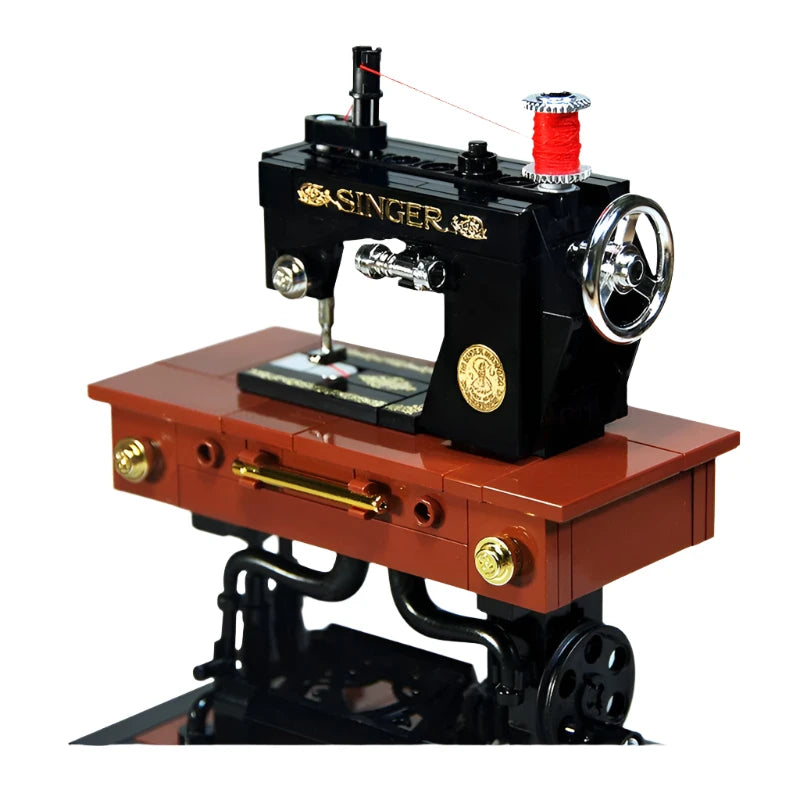 GBC Module Antique Sewing Machine Kinetic Sculpture Model MOC Building Blocks Set showcasing a functional kinetic sculpture, perfect for vintage enthusiasts and creative builders.