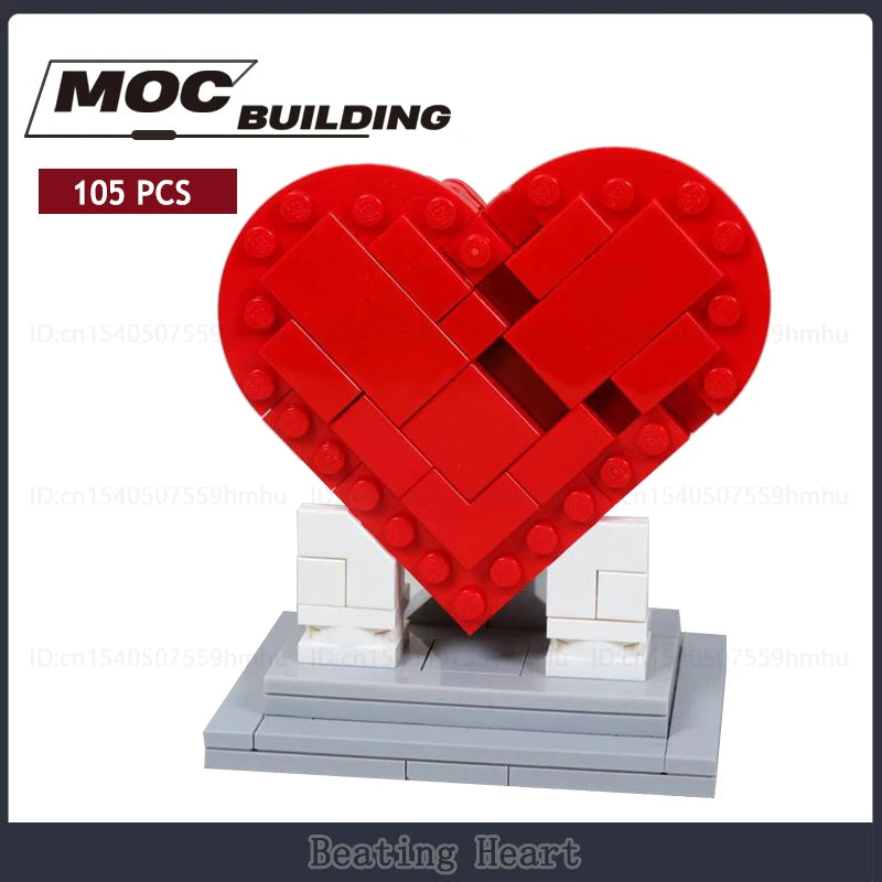 Heart Sculpture Building Blocks Set featuring a vibrant red heart design on a sturdy gray base, made from 105 interlocking pieces.