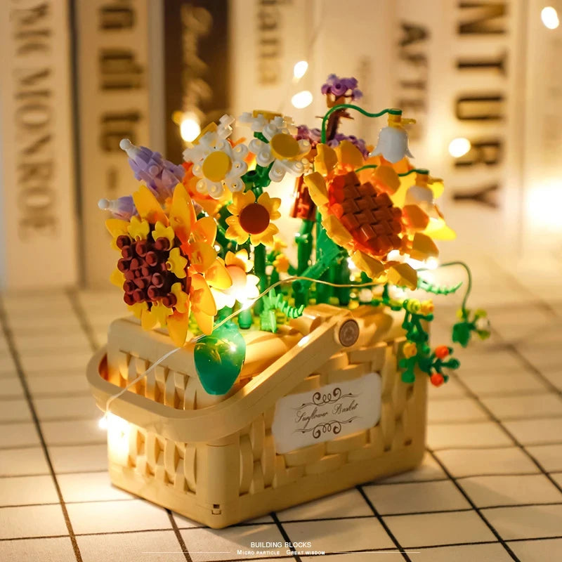 Illuminated Floral Basket Building Blocks Set featuring beautifully crafted sunflower and rose arrangements in woven baskets, perfect for adding a touch of elegance to home or office decor.