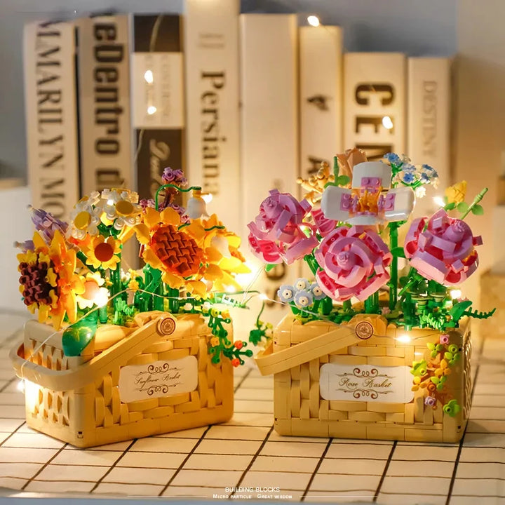 Illuminated Floral Basket Building Blocks Set featuring beautifully crafted sunflower and rose arrangements in woven baskets, perfect for adding a touch of elegance to home or office decor.