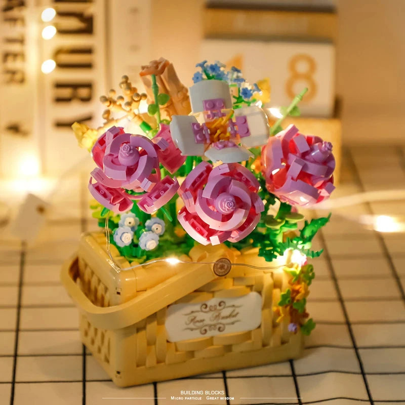 Illuminated Floral Basket Building Blocks Set featuring beautifully crafted sunflower and rose arrangements in woven baskets, perfect for adding a touch of elegance to home or office decor.