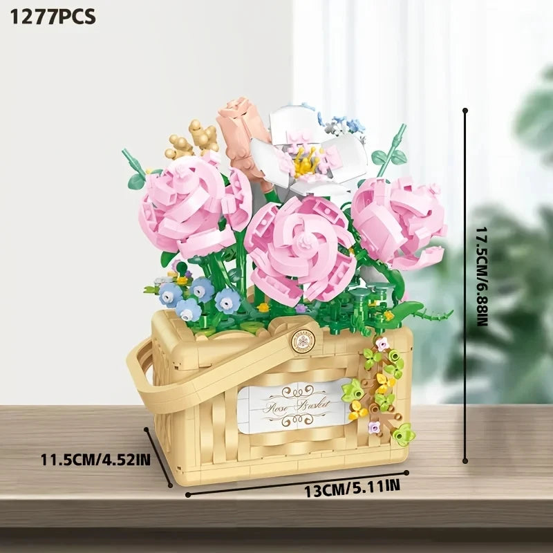Illuminated Floral Basket Building Blocks Set featuring beautifully crafted sunflower and rose arrangements in woven baskets, perfect for adding a touch of elegance to home or office decor.