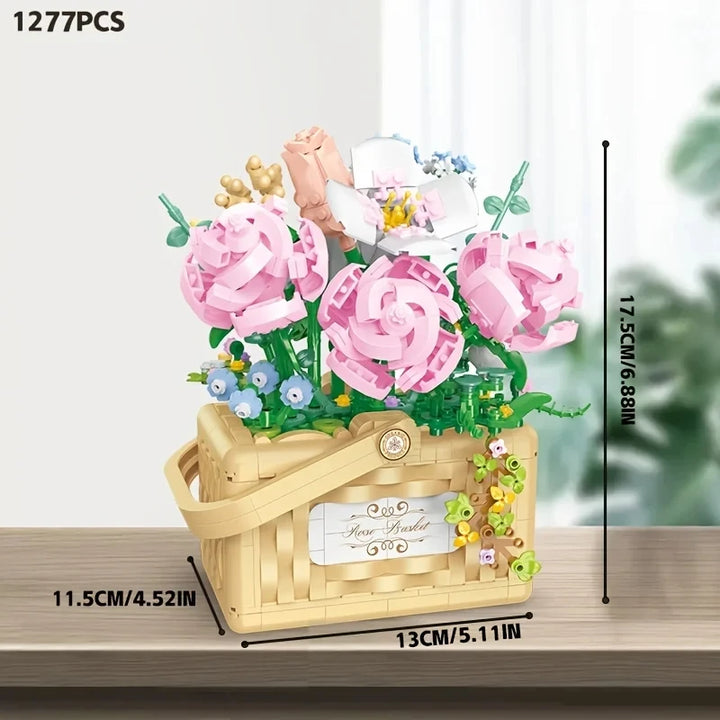 Illuminated Floral Basket Building Blocks Set featuring beautifully crafted sunflower and rose arrangements in woven baskets, perfect for adding a touch of elegance to home or office decor.
