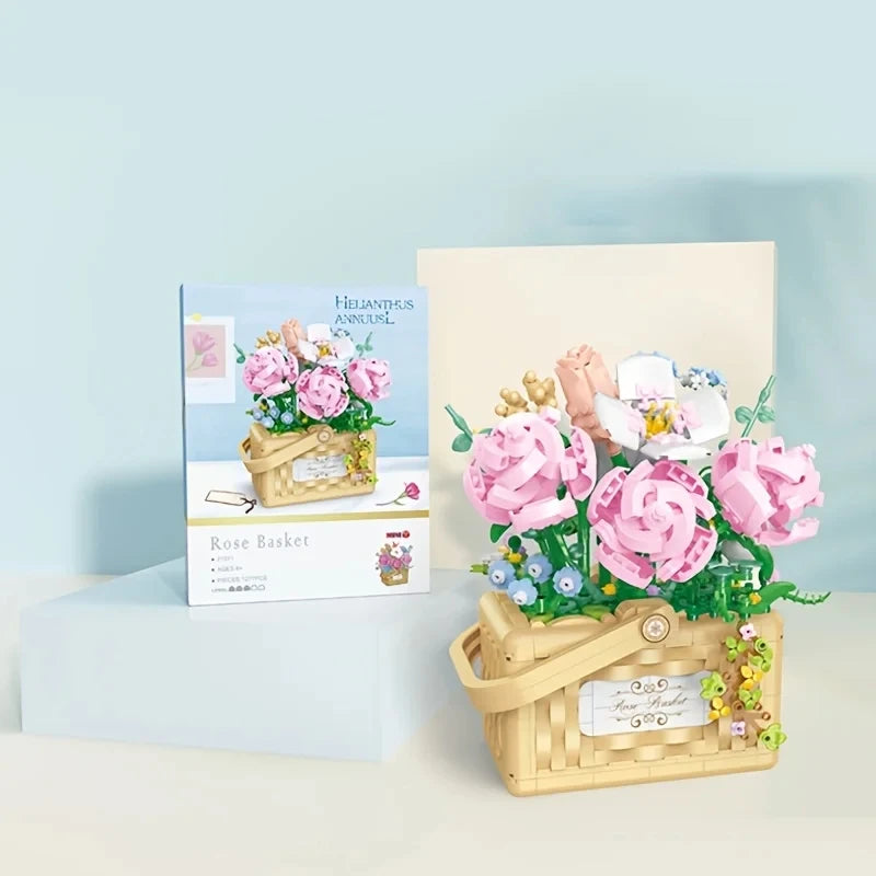 Illuminated Floral Basket Building Blocks Set featuring beautifully crafted sunflower and rose arrangements in woven baskets, perfect for adding a touch of elegance to home or office decor.