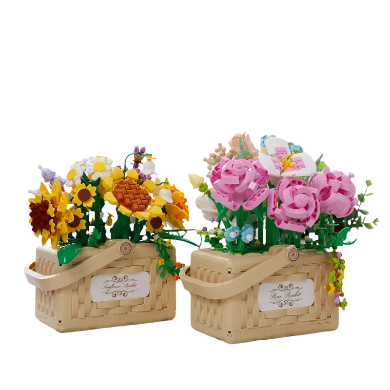 Illuminated Floral Basket Building Blocks Set featuring beautifully crafted sunflower and rose arrangements in woven baskets, perfect for adding a touch of elegance to home or office decor.