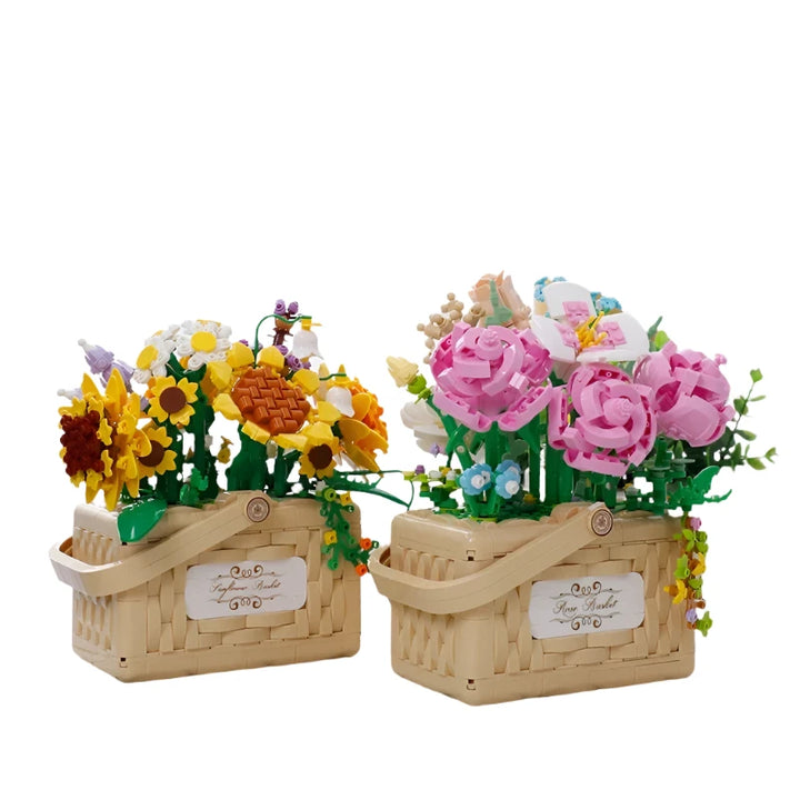 Illuminated Floral Basket Building Blocks Set featuring beautifully crafted sunflower and rose arrangements in woven baskets, perfect for adding a touch of elegance to home or office decor.