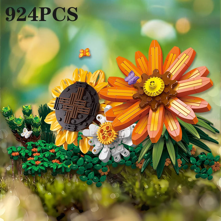Ivy Bonsai Building Blocks Set featuring a vibrant array of flowers and plants, including sunflowers, gardenias, and small daisies, with meticulous craftsmanship, perfect for home or office decoration.