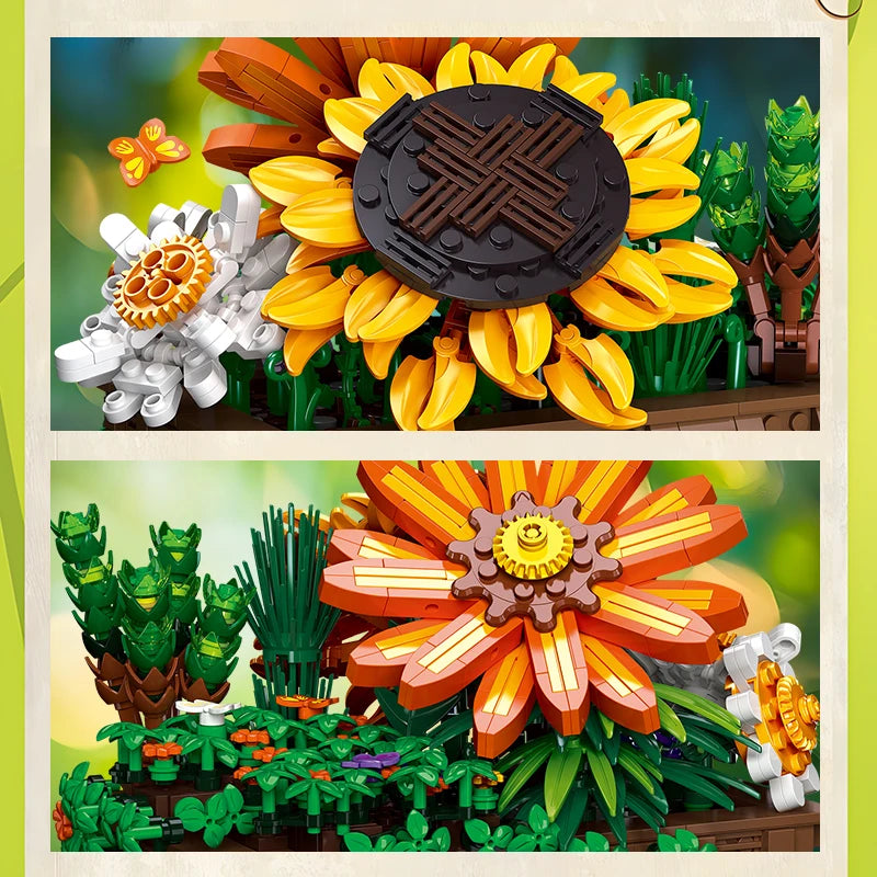 Ivy Bonsai Building Blocks Set featuring a vibrant array of flowers and plants, including sunflowers, gardenias, and small daisies, with meticulous craftsmanship, perfect for home or office decoration.