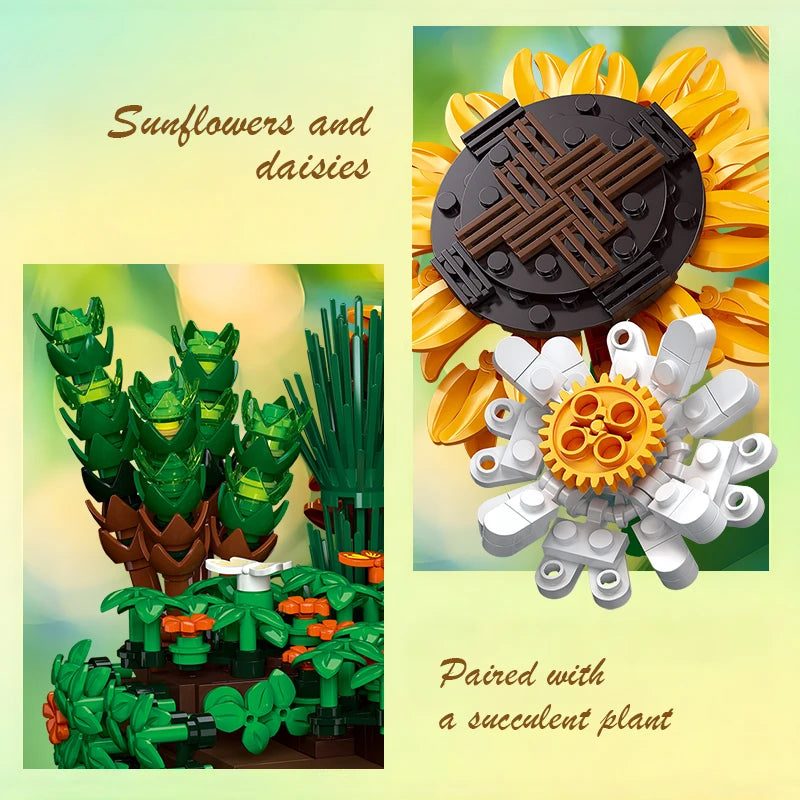Ivy Bonsai Building Blocks Set featuring a vibrant array of flowers and plants, including sunflowers, gardenias, and small daisies, with meticulous craftsmanship, perfect for home or office decoration.