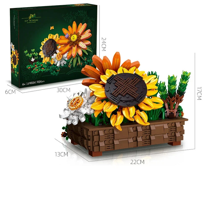 Ivy Bonsai Building Blocks Set featuring a vibrant array of flowers and plants, including sunflowers, gardenias, and small daisies, with meticulous craftsmanship, perfect for home or office decoration.