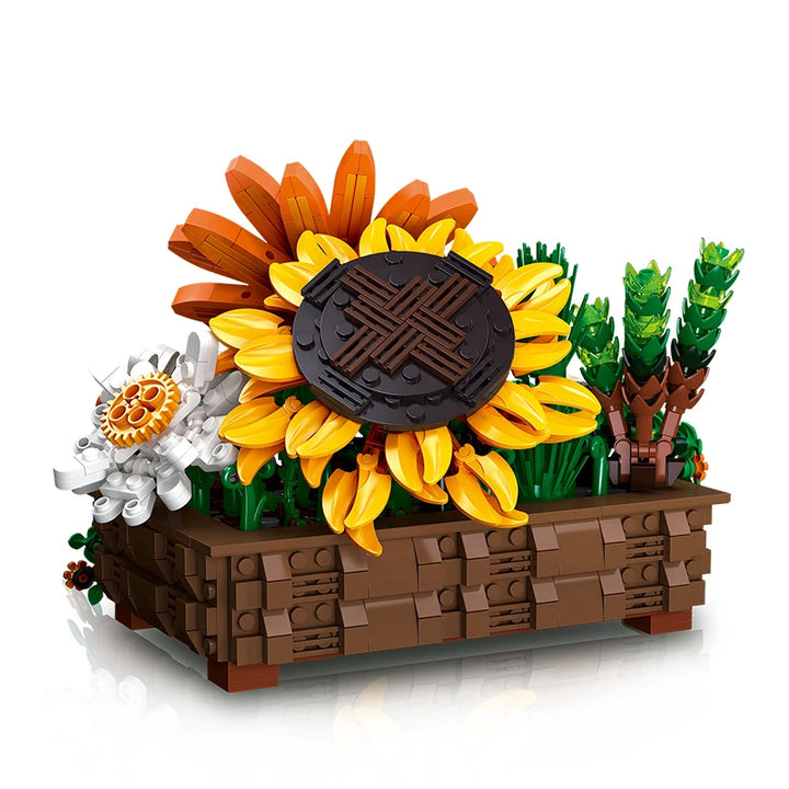 Ivy Bonsai Building Blocks Set featuring a vibrant array of flowers and plants, including sunflowers, gardenias, and small daisies, with meticulous craftsmanship, perfect for home or office decoration.