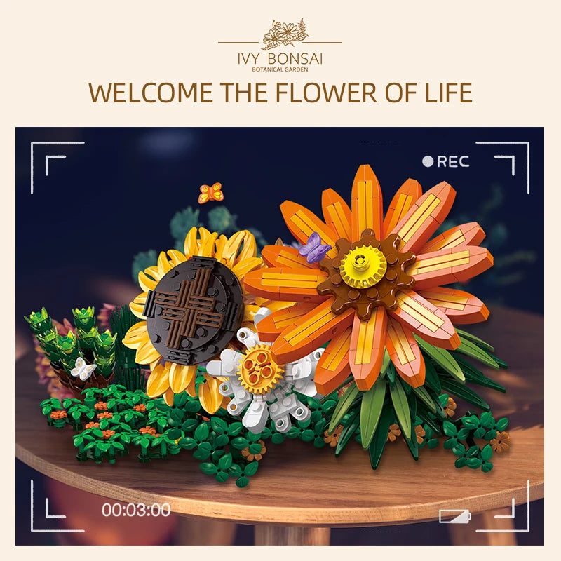 Ivy Bonsai Building Blocks Set featuring a vibrant array of flowers and plants, including sunflowers, gardenias, and small daisies, with meticulous craftsmanship, perfect for home or office decoration.