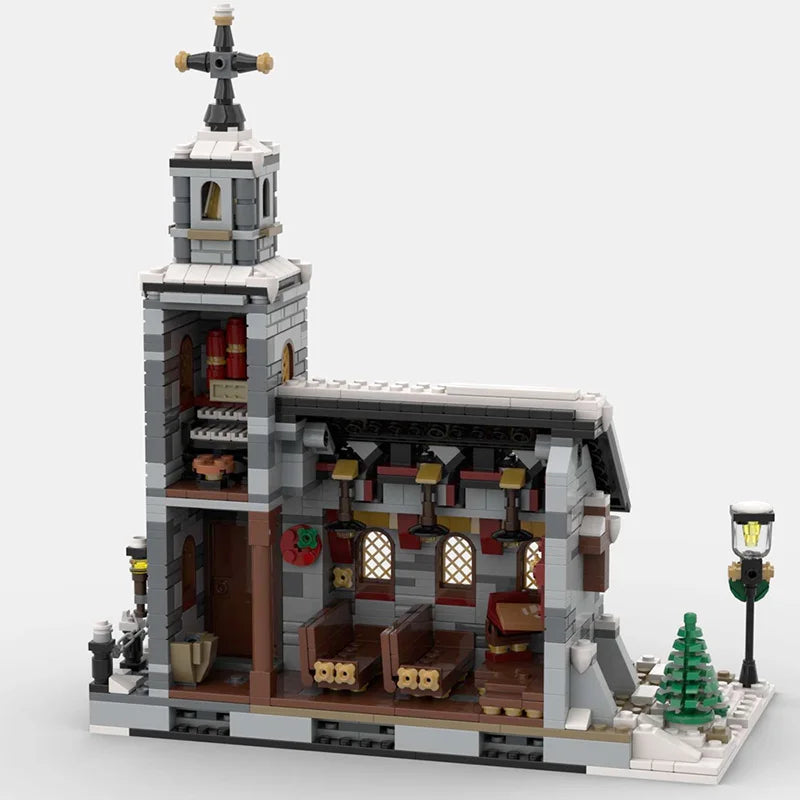 Lagoon Bedroom in Arles Christmas Village Winter Cottage Building Blocks Set with 2275 Pieces, featuring detailed architecture, a temple church, and festive holiday decor for kids and adults