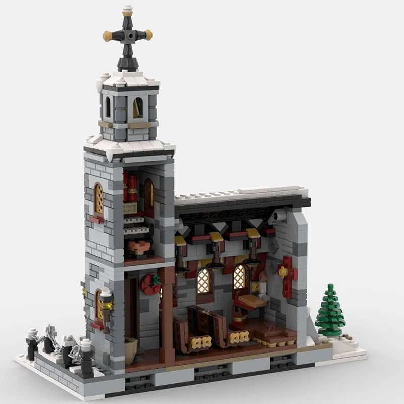 Lagoon Bedroom in Arles Christmas Village Winter Cottage Building Blocks Set with 2275 Pieces, featuring detailed architecture, a temple church, and festive holiday decor for kids and adults