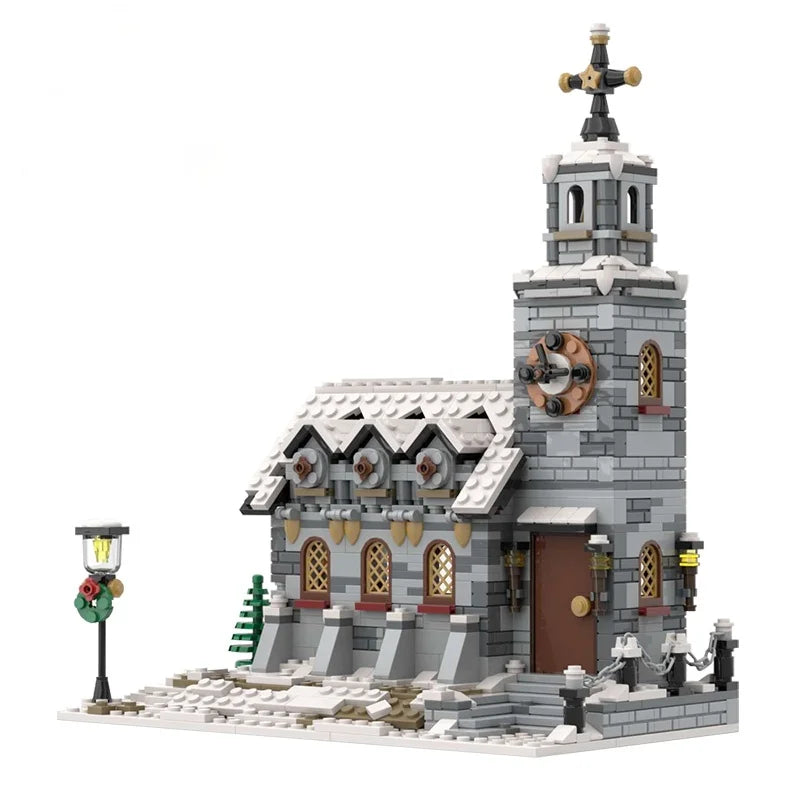 Lagoon Bedroom in Arles Christmas Village Winter Cottage Building Blocks Set with 2275 Pieces, featuring detailed architecture, a temple church, and festive holiday decor for kids and adults
