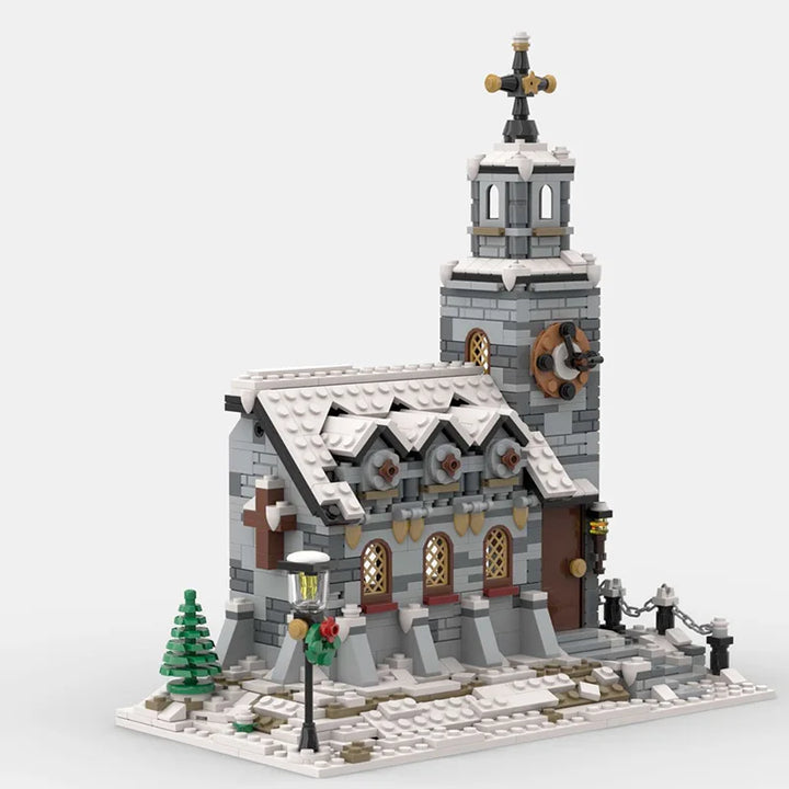 Lagoon Bedroom in Arles Christmas Village Winter Cottage Building Blocks Set with 2275 Pieces, featuring detailed architecture, a temple church, and festive holiday decor for kids and adults