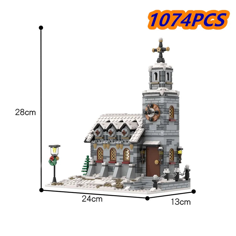 Lagoon Bedroom in Arles Christmas Village Winter Cottage Building Blocks Set with 2275 Pieces, featuring detailed architecture, a temple church, and festive holiday decor for kids and adults