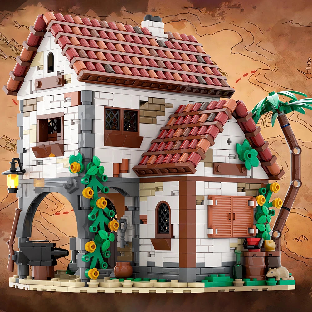 MOC-124328 Eldorado Fortress Pirates of Barracuda Bay Blacksmith’s House Model featuring a detailed fortress and blacksmith’s house, perfect for pirate fans and creative builders.