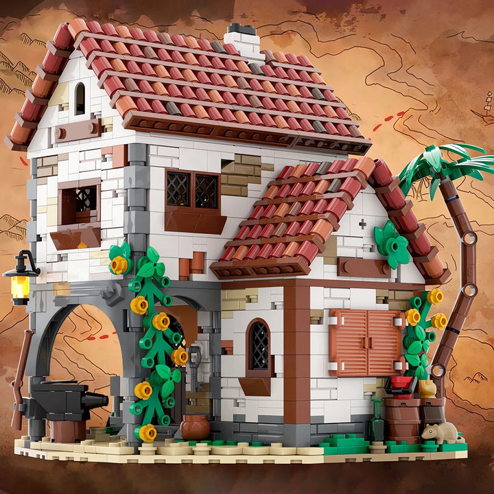 MOC-124328 Eldorado Fortress Pirates of Barracuda Bay Blacksmith’s House Model featuring a detailed fortress and blacksmith’s house, perfect for pirate fans and creative builders.