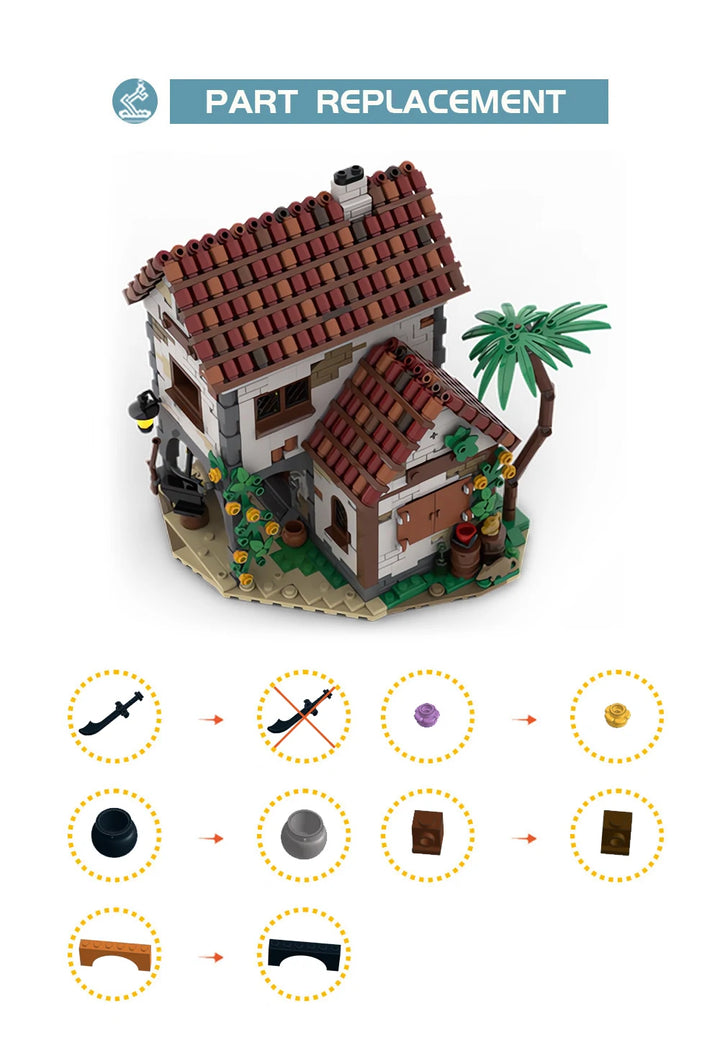 MOC-124328 Eldorado Fortress Pirates of Barracuda Bay Blacksmith’s House Model featuring a detailed fortress and blacksmith’s house, perfect for pirate fans and creative builders.
