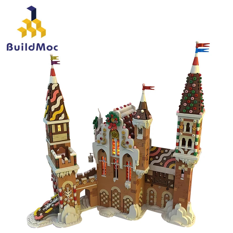 MOC-130576 Gingerbread Castle House Building Blocks Set featuring a retro-style gingerbread castle with detailed interior spaces, perfect for Christmas decor and holiday enthusiasts.