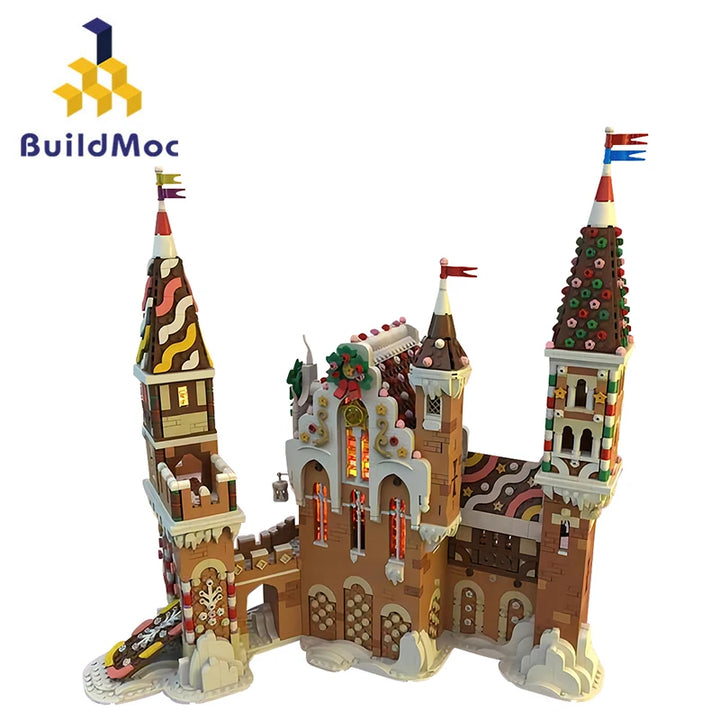 MOC-130576 Gingerbread Castle House Building Blocks Set featuring a retro-style gingerbread castle with detailed interior spaces, perfect for Christmas decor and holiday enthusiasts.