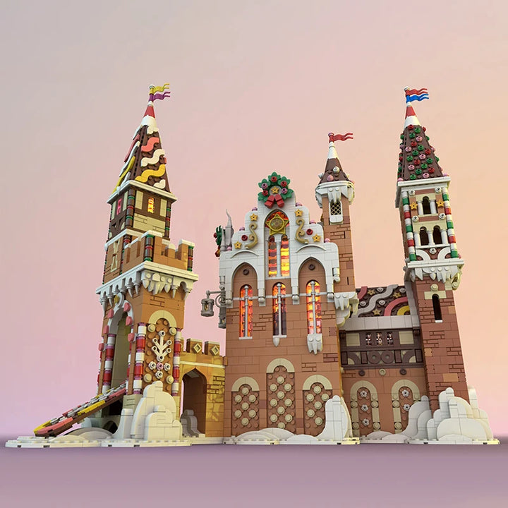 MOC-130576 Gingerbread Castle House Building Blocks Set featuring a retro-style gingerbread castle with detailed interior spaces, perfect for Christmas decor and holiday enthusiasts.