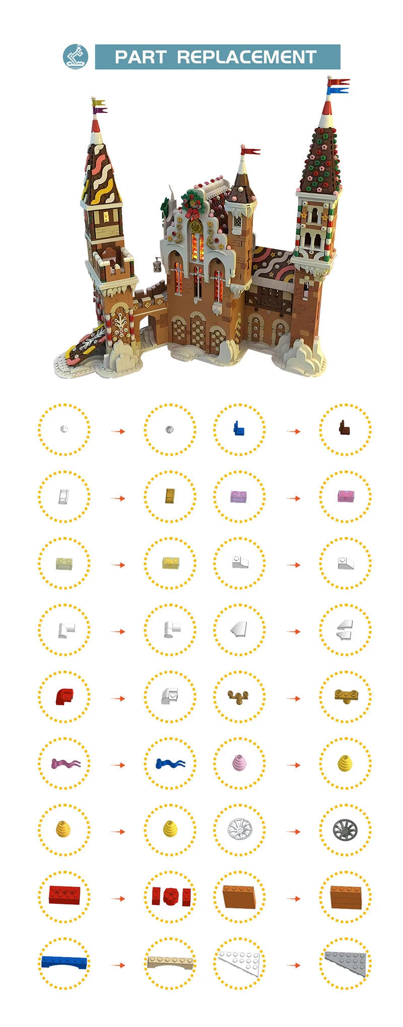 MOC-130576 Gingerbread Castle House Building Blocks Set featuring a retro-style gingerbread castle with detailed interior spaces, perfect for Christmas decor and holiday enthusiasts.