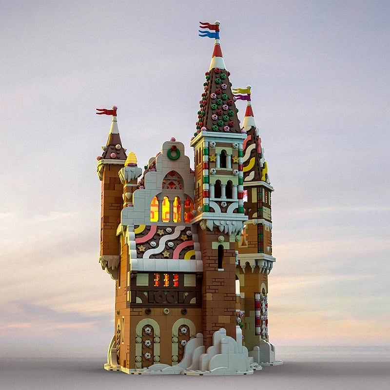 MOC-130576 Gingerbread Castle House Building Blocks Set featuring a retro-style gingerbread castle with detailed interior spaces, perfect for Christmas decor and holiday enthusiasts.