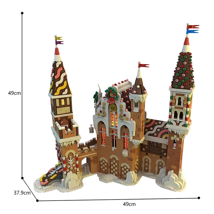 MOC-130576 Gingerbread Castle House Building Blocks Set featuring a retro-style gingerbread castle with detailed interior spaces, perfect for Christmas decor and holiday enthusiasts.