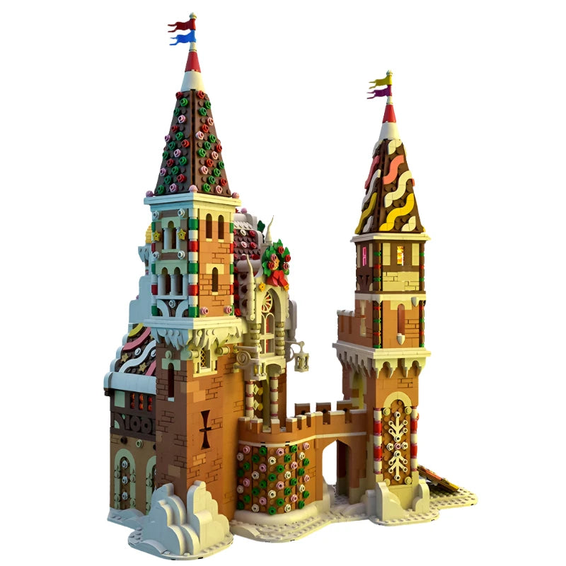 MOC-130576 Gingerbread Castle House Building Blocks Set featuring a retro-style gingerbread castle with detailed interior spaces, perfect for Christmas decor and holiday enthusiasts.