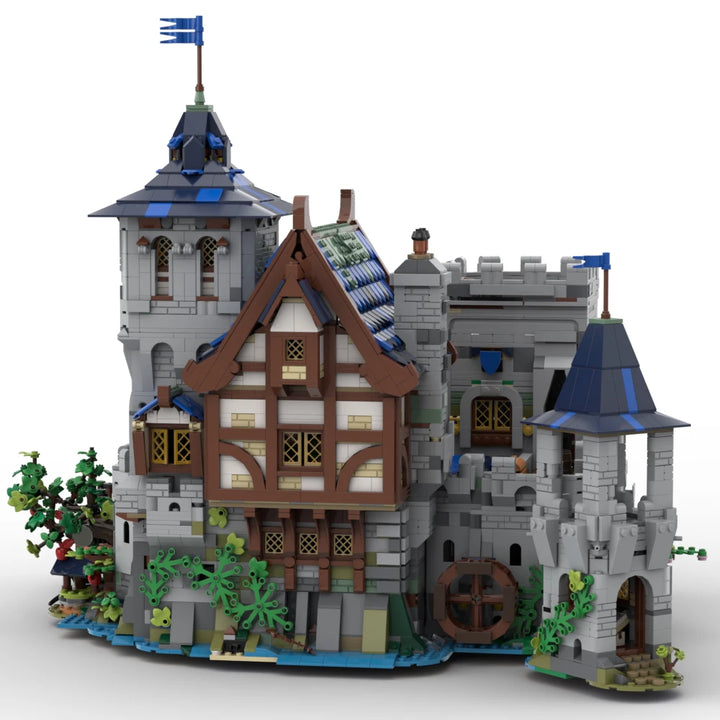 MOC-132661 Black Falcon's Fortress Building Blocks Set featuring a classic medieval castle with an armory and blacksmith area, perfect for history enthusiasts and creative builders.