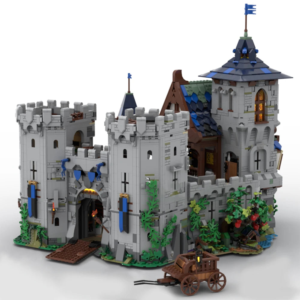 MOC-132661 Black Falcon's Fortress Building Blocks Set featuring a classic medieval castle with an armory and blacksmith area, perfect for history enthusiasts and creative builders.