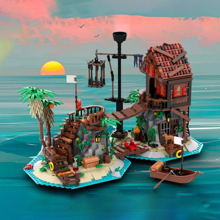 MOC-136368 Forbidden Island Remake Pirate Beach Castle Building Kit featuring a modular medieval castle set on a pirate beach, perfect for adult builders and pirate enthusiasts.