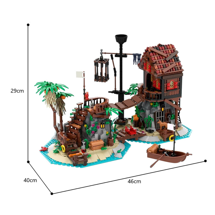MOC-136368 Forbidden Island Remake Pirate Beach Castle Building Kit featuring a modular medieval castle set on a pirate beach, perfect for adult builders and pirate enthusiasts.