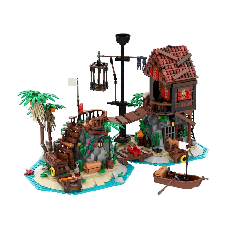 MOC-136368 Forbidden Island Remake Pirate Beach Castle Building Kit featuring a modular medieval castle set on a pirate beach, perfect for adult builders and pirate enthusiasts.