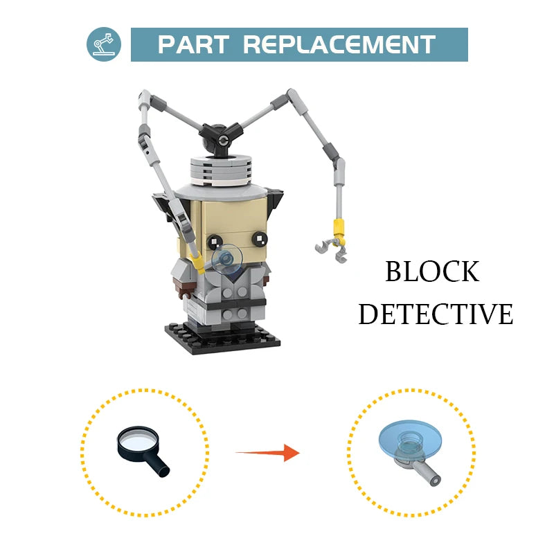 MOC Brickheadz Inspector Assemble Blocks featuring a detailed inspector character with a hat, magnifying glass, and trench coat, made from 140 pieces, perfect for fans of detective stories and building block enthusiasts