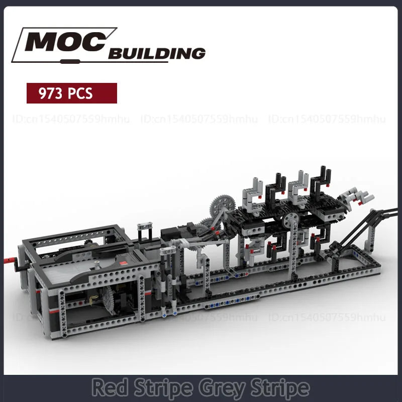 MOC GBC Building Blocks Great Ball Contraption featuring a Red Stripe Grey Stripe Module with 973 pieces, perfect for STEM enthusiasts and mechanical building fans.